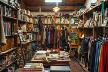 European secondhand. Store with clothes and books organized on shelves for customers