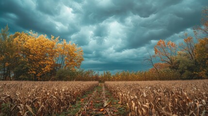 Obraz premium Gloomy cloudy sky over corn trees and leaves