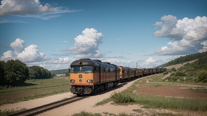 Fototapeta premium A red diesel locomotive travels on railway tracks through the countryside