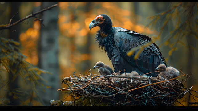 American Andean condor, Vultur gryphus, large bird of prey, with chicks in a nest on a treetop, close-up