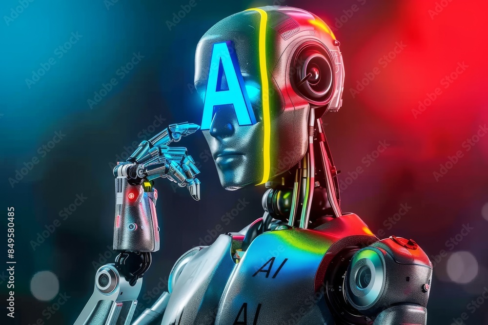 Poster futuristic robot with glowing ai on head showcasing advanced technology and intelligence concepts.