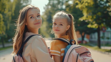 The child is going back to school. Mother and kid getting ready for the first school day. Little girl and mom going to school