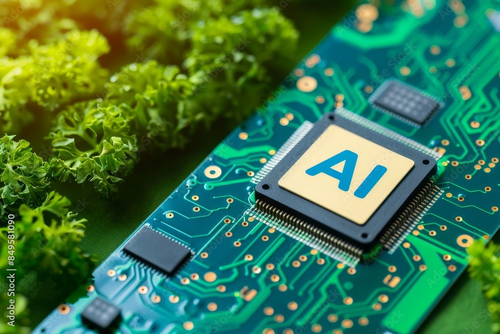 Poster green technology concept with ai chip integration into eco friendly environments, merging nature wit