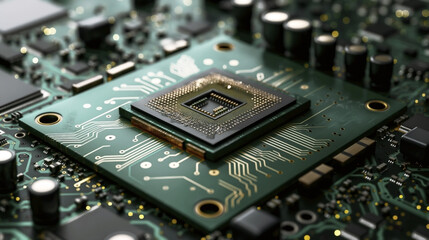 Close-up view of a microprocessor chip on a detailed green circuit board with components.