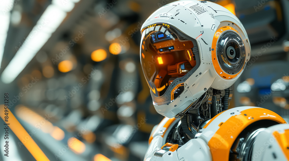 Poster a robot with a white helmet and orange lights on its face stands in a crowd of robots. concept of fu