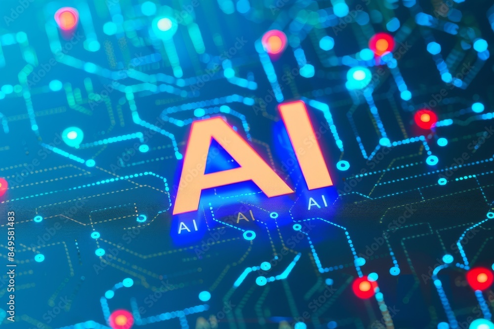 Poster neon ai text on vibrant circuit board background, reflecting the dynamic and advanced nature of tech