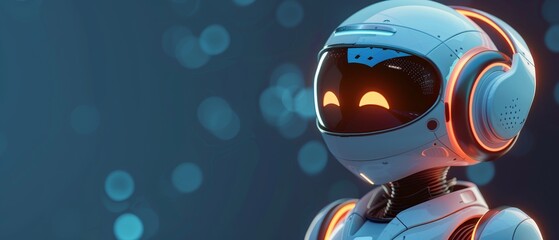 Fototapeta premium Smiling futuristic robot with glowing eyes and advanced technology concept. High-tech AI robot against a blue bokeh background.