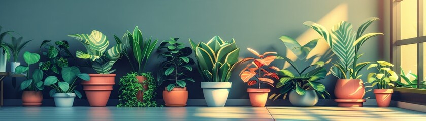 Obraz premium A sunlit room showcasing various potted plants on the floor by a window, enhancing the serene and natural ambiance of the interior space.