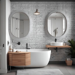 modern bathroom interior minimalism, white and wood with plants