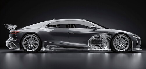 Naklejka premium Conceptual view of a transparent fictional car, with exposed technical interior parts in a futuristic design