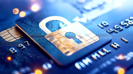 Close-up of a credit card with a golden security padlock icon on the chip.