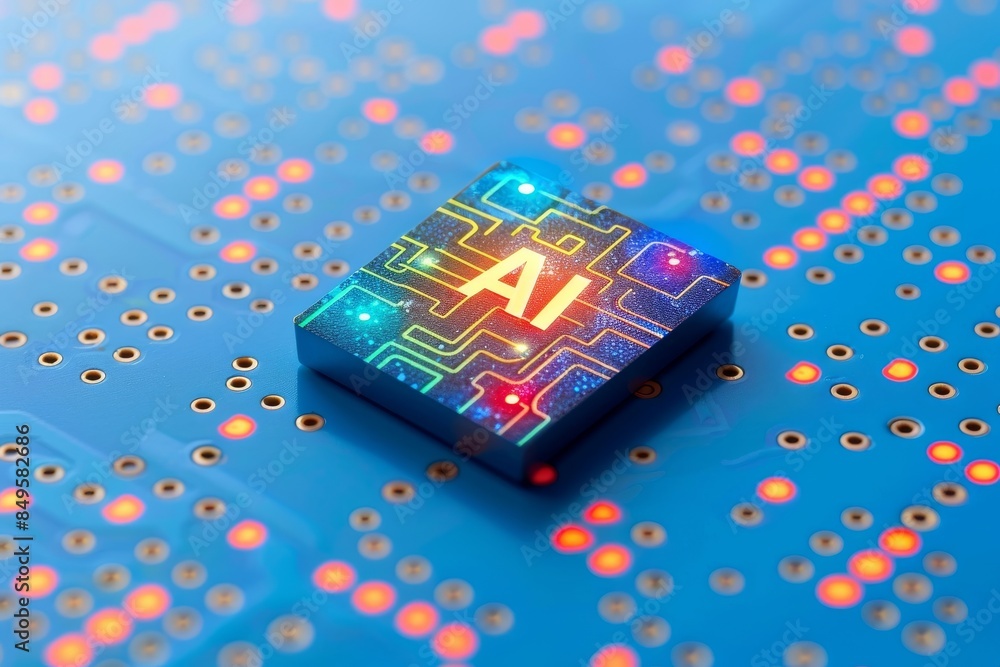 Poster neon ai concept on cybernetic motherboard, visualizing the interconnectedness and efficiency of mode