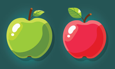 Tasty and colorful red and green apple with a green leaf in flat style. Cartoon character in vector illustration