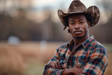 Obraz premium African American man smiling with confidence at outdoor horse farm.