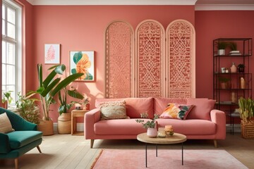A living room with a pink wall and a red archway