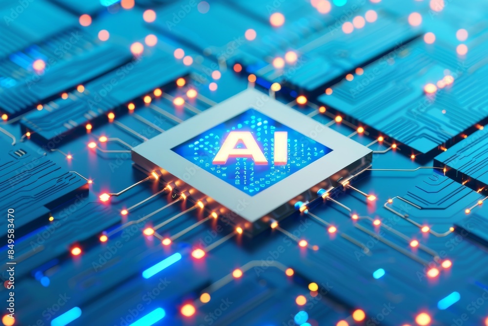 Poster futuristic ai chip at the center of a cybernetic motherboard, highlighting the core of modern comput