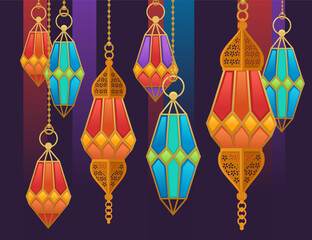Group of glass Turkish traditional celebration lantern with different geometric shapes vector illustration