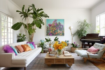 A living room with a white couch, a coffee table, and a potted plant