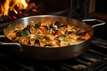 A large silver pot filled with seafood and vegetables