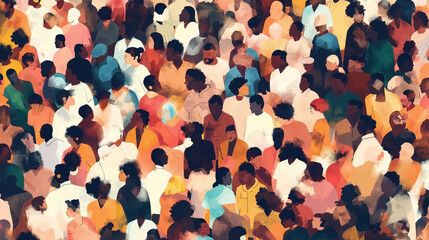 Colorful illustration of a diverse crowd of people in various outfits and hairstyles.