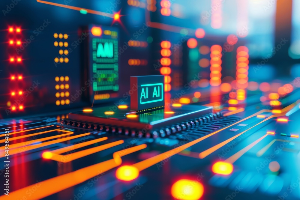 Poster vibrant artificial intelligence hub with glowing nodes and circuits, showcasing technology, innovati