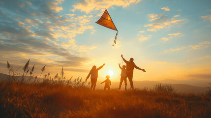 Happy family flying a kite during sunset in a grassy field. The warm golden light creates a beautiful silhouette of the family enjoying a playful and carefree moment outdoors.