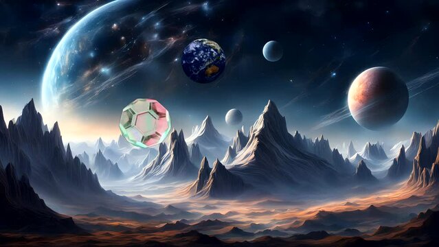 a view of mountains, a star-lit sky, planets, with celestial bodies such as planets floating in the sky Seamless looping 4k time-lapse animation video background