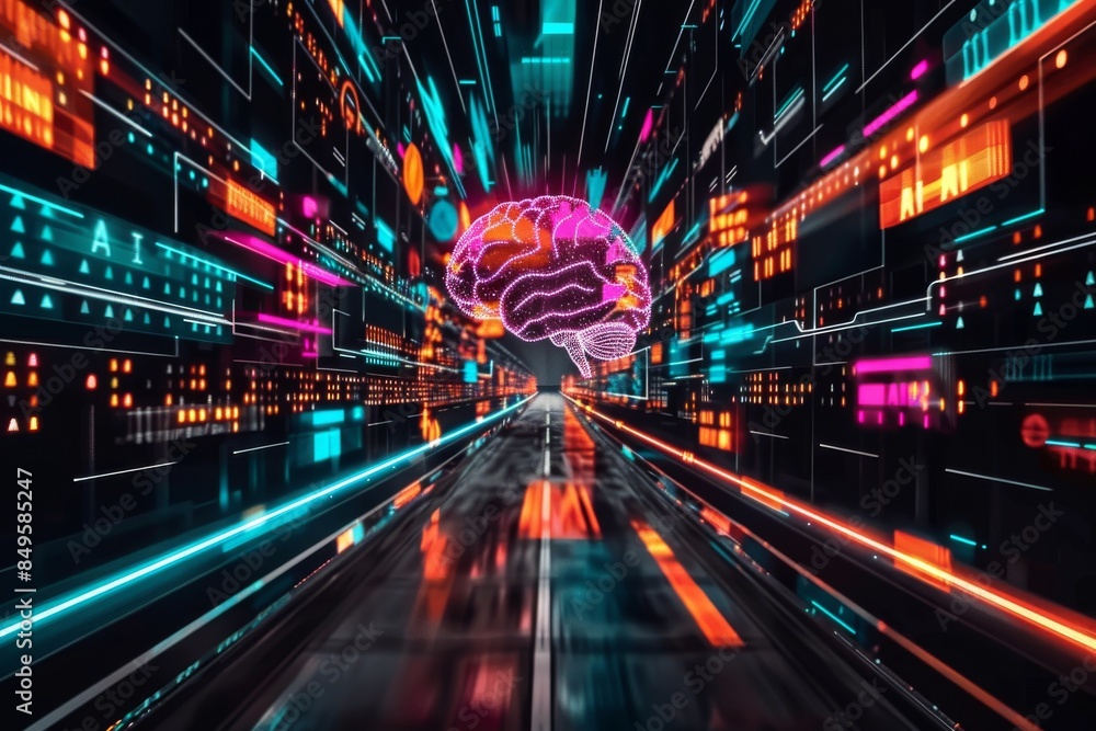 Poster high speed data tunnel with futuristic neon lights illustrating fast paced information flow and digi