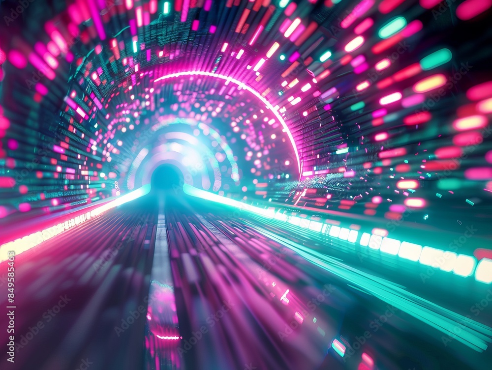 Wall mural This abstract image presents a futuristic tunnel illuminated by vibrant pink and blue lights, serving as an eye-catching wallpaper or background set to be a best-seller - Wall murals