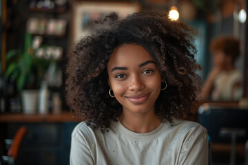African American female customer smiling confidently in hair salon.