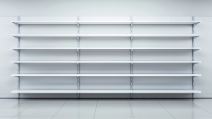 A large set of empty white retail shelves in a clean, modern store interior.