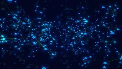 Digital Cloud Server Connected With Plexus Network Data Animation Background. High Tech Cloud Server Icon And Network Connection Animation, Computer Server Technology Data Processing Animated - Powered by Adobe