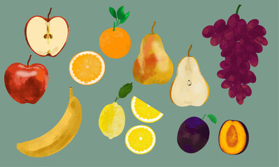 ensemble vectoriel fruits pomme poire citron banane raisin prune clémentine
