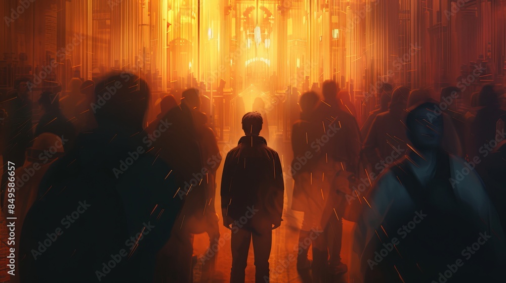 Poster in a busy crowd, a solitary figure stands in warm light, isolated from the energy of the bustling sc