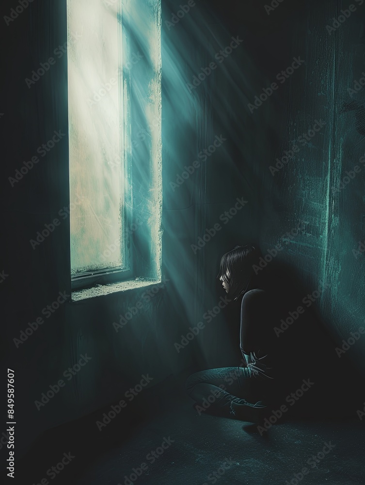 Poster alone in a dim room, person sits, shadows hiding face. beam of sunlight through window portrays lone