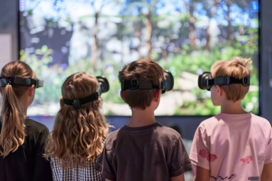 Four children wearing virtual reality headsets, engaging in an immersive experience together, immersed in a bright and colorful digital environment.