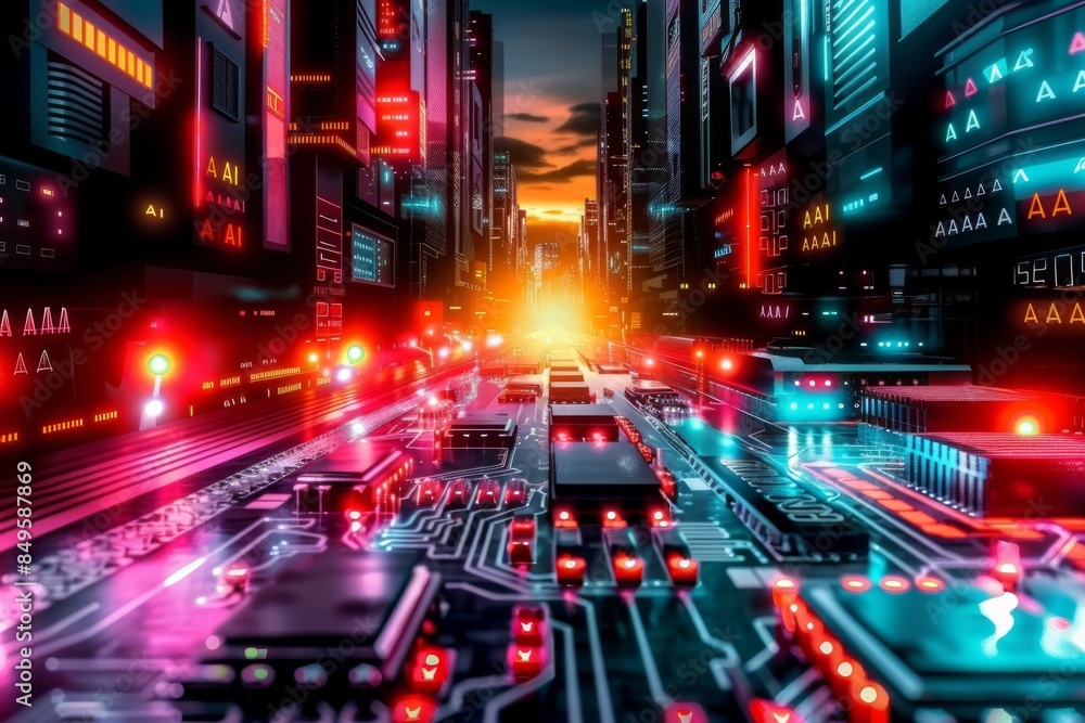 Poster dynamic cityscape with streaming data lights, showcasing the vibrancy and digital transformation of 