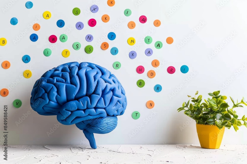 Poster colorful educational ai setup with scattered letters and a brain model, portraying early cognitive d