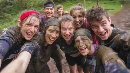 Smiling young people wearing sports clothing posing for a group selfie after completing an obstacle course race outside.