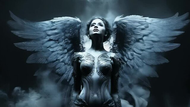 Portrait of a beautiful attractive black fallen angel on a dark background