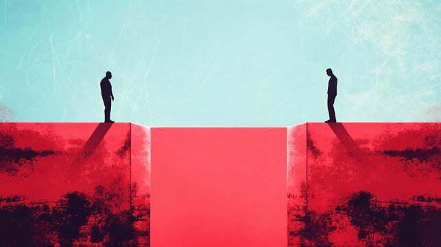 Two silhouetted figures stand apart on the edges of a deep red chasm.