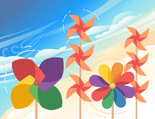 Colorful pinwheel toy and sky with clouds on background vector illustration