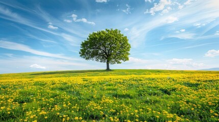 Lone tree surrounded by yellow flowers in a springtime field - Powered by Adobe