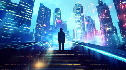 A man standing on stairs overlooking a futuristic neon-lit cityscape at night