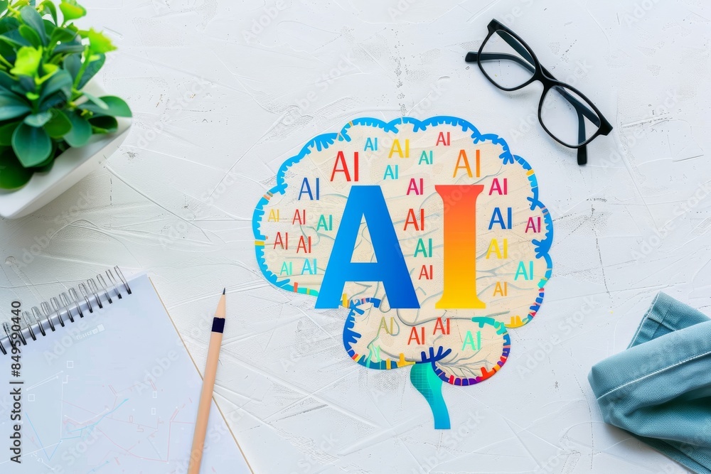Poster ai and brain model on white background, merging neuroscience with technology to illustrate the fusio