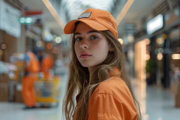 Caucasian female cleaner in uniform looking at camera with confidence in shopping mall.