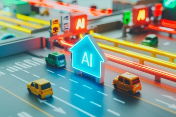 Futuristic cityscape with AI and neon lighting, depicting a high tech urban environment driven by artificial intelligence and advanced technologies.