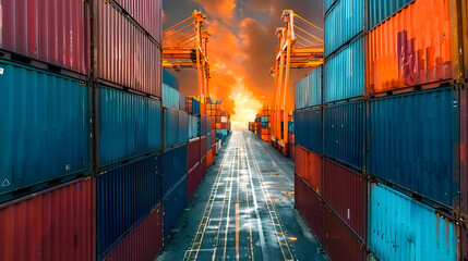 Fototapeta premium Unloading Containers from Cargo Ship at Industrial Port for Yard Transport. Concept Cargo Ship, Industrial Port, Container Unloading, Yard Transport, Shipping Industry