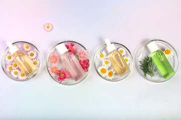 Bottles with lotion with extracts of various flowers and petri dishes with chamomile and orchid flowers on a light background, the concept of natural organic cosmetics, advertising for spa and store,