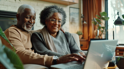 Smiling senior couple using laptop at home. Cheerful elderly couple using laptop at home.